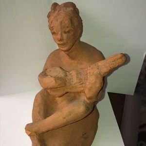 ART NOUVEAU TERRA COTTA Woman with Mandolin STATUE 7” tall